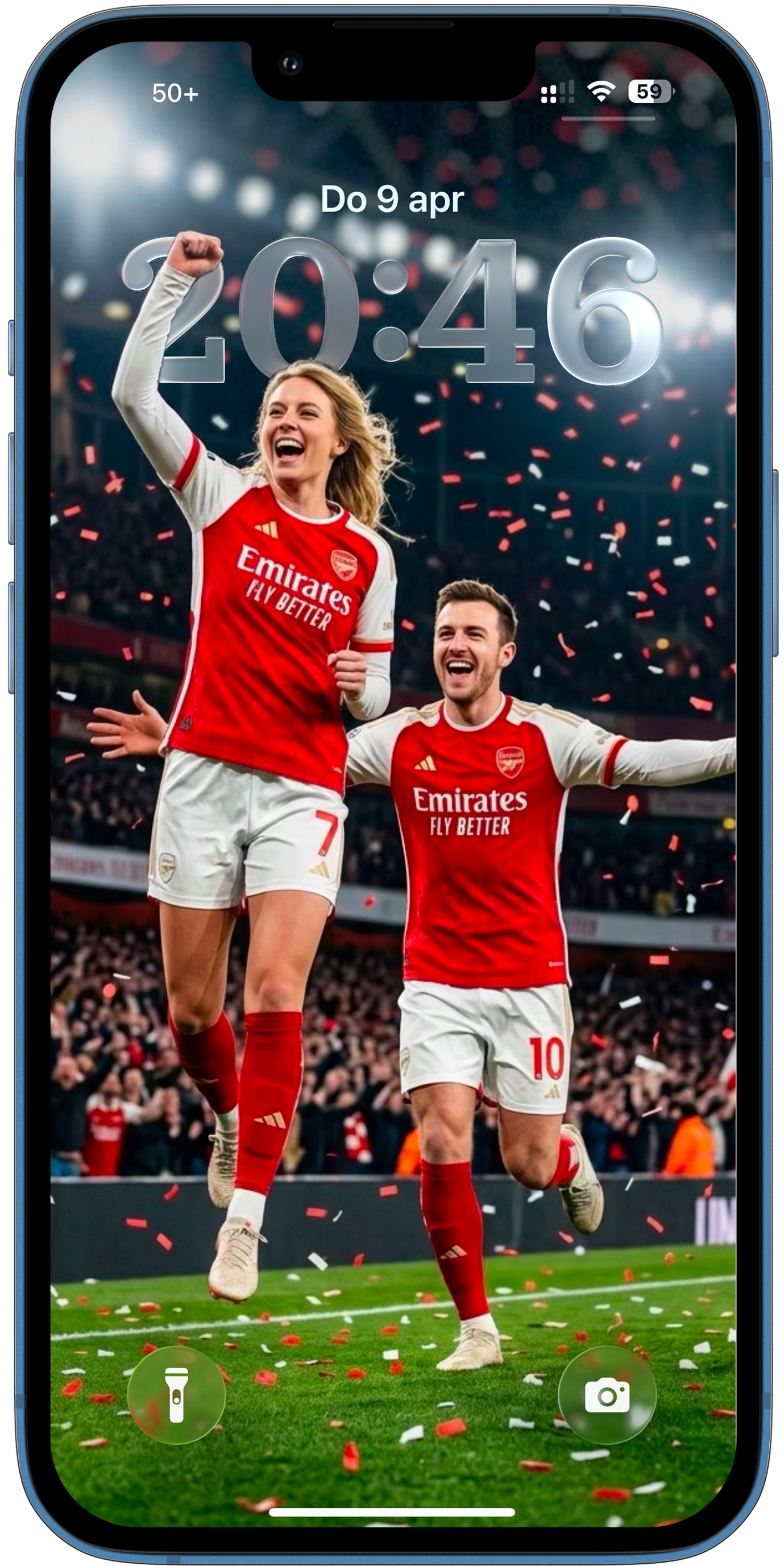 Couple in football jerseys celebrating on lockscreen